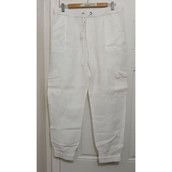 Nicole miller womens 1xl cargo white jogger 100% linen pants elastic waist - Picture 1 of 7